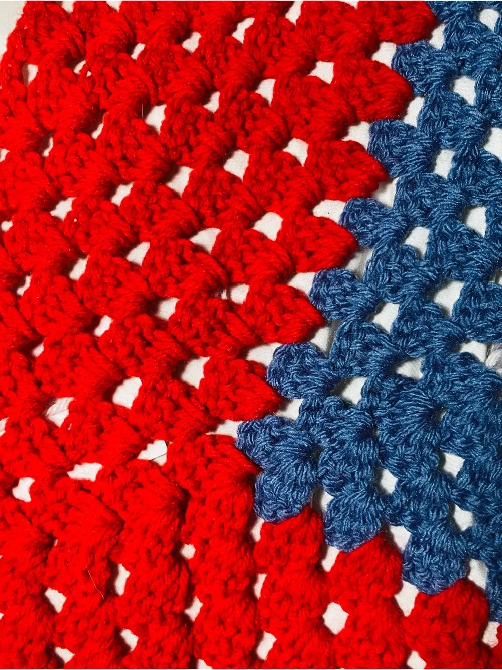 Handmade Red, Blue & Cream Crochet Throw Blanket - Home Holiday